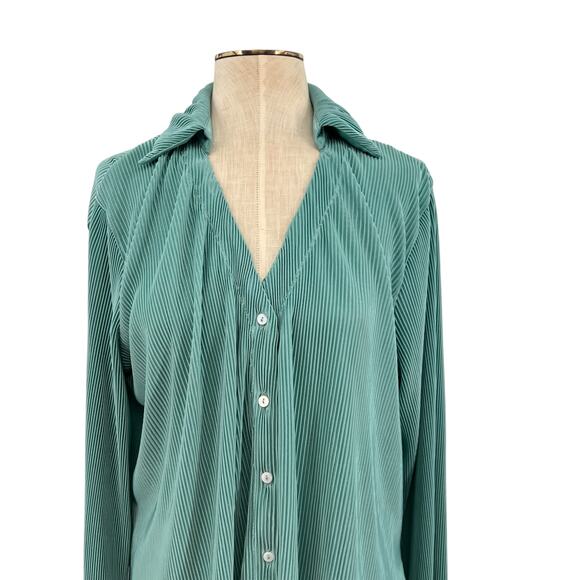 Anthropologie Dolan Lettuce-Hem Buttondown Top Pleated Flare Sleeve Blue Large - Picture 3 of 10